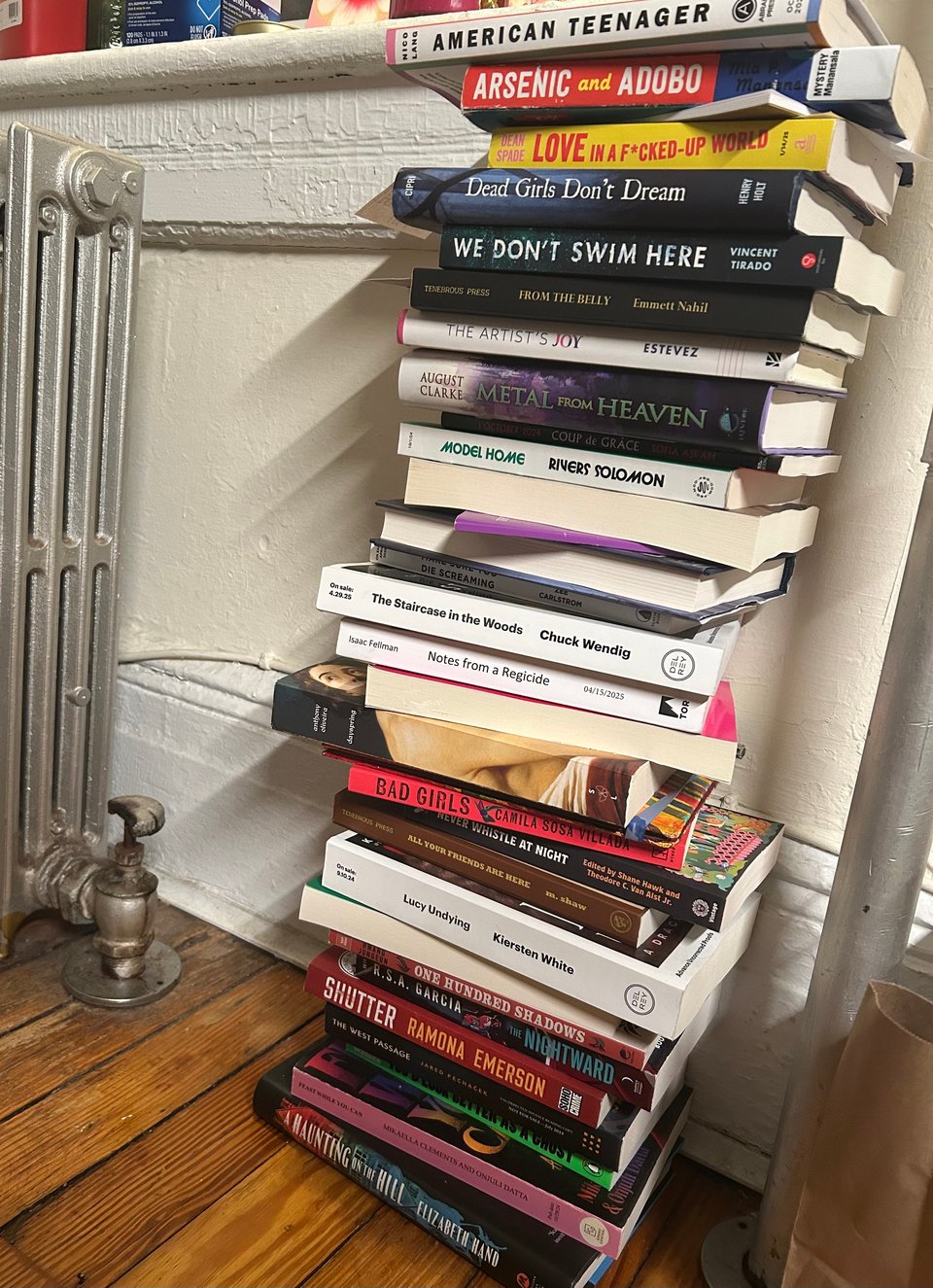 A stack of books resting on a hardwood floor, maybe a little closer than it should be to an old-fashioned radiator. There are about 30 books in the stack.