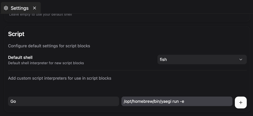 Atuin settings: add a custom script interpreter with name Go and shell command /opt/homebrew/bin/yaegi run -e