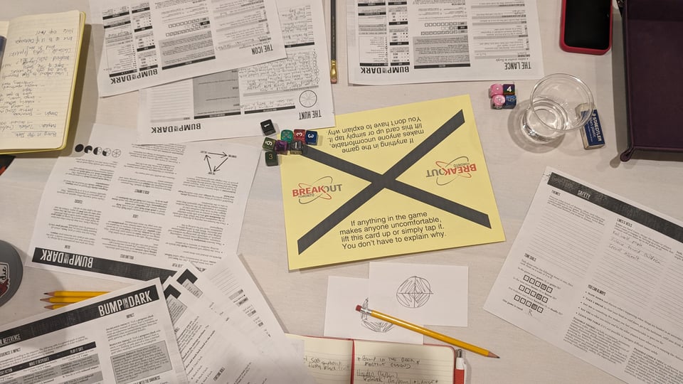A table full of various printouts related to the roleplaying game Bump in the Dark. A big yellow "X" card sits in the middle with notes about how to use the card as a safety tool.