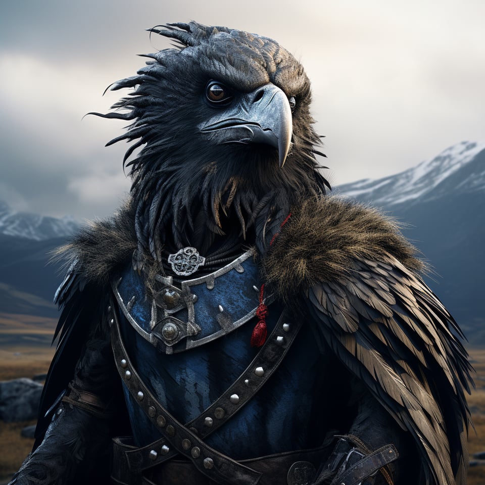 Raven Marches, an anthropomorphic Raven in armour and a cloak stands in front of a mountain scene