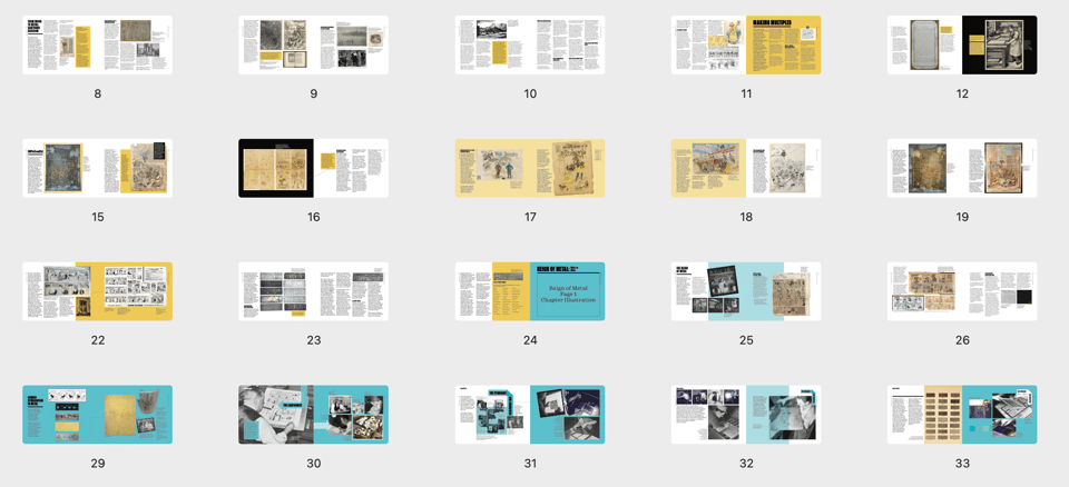 A screen capture of 20 spreads shown in small thumbnails of rough page layout in How Comics Were Made
