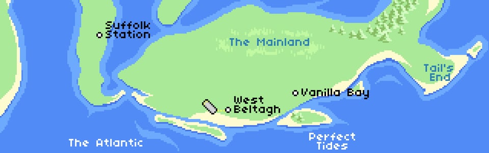 A fish-shaped map of Mara's world, from the game Perfect Tides: Station to Station.