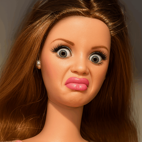 a Barbie doll making a scared face