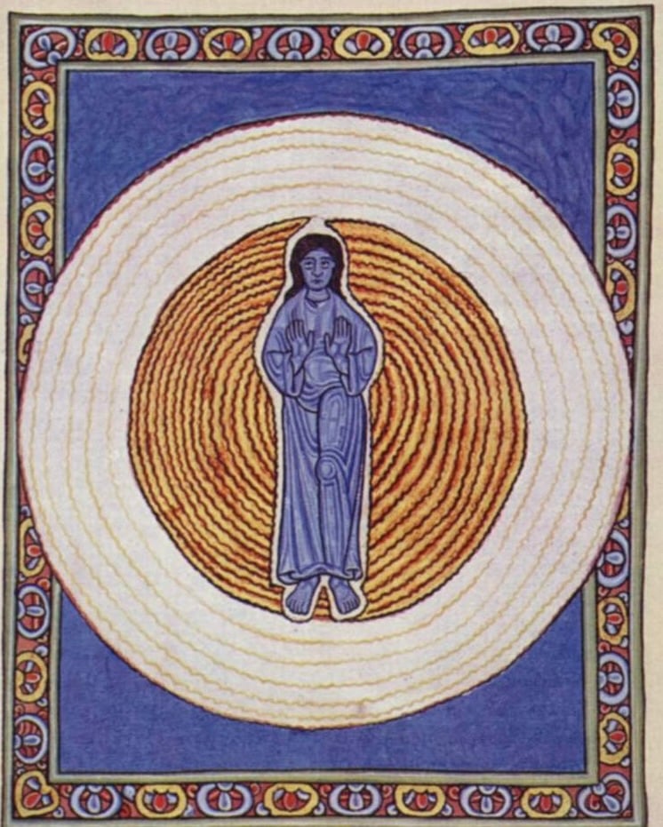 manuscript illumination showing a human figure inside two circles of light