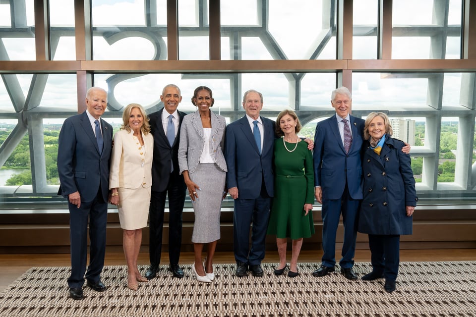 President and Mrs. Obama greet former Presidents and First Ladies (Joe and Dr. Jill Biden, George and Laura Bush, Bill and Hillary Clinton) in the Presidential Suite of The Obama Presidential Center Museum in Chicago, IL, on June 18, 2026.