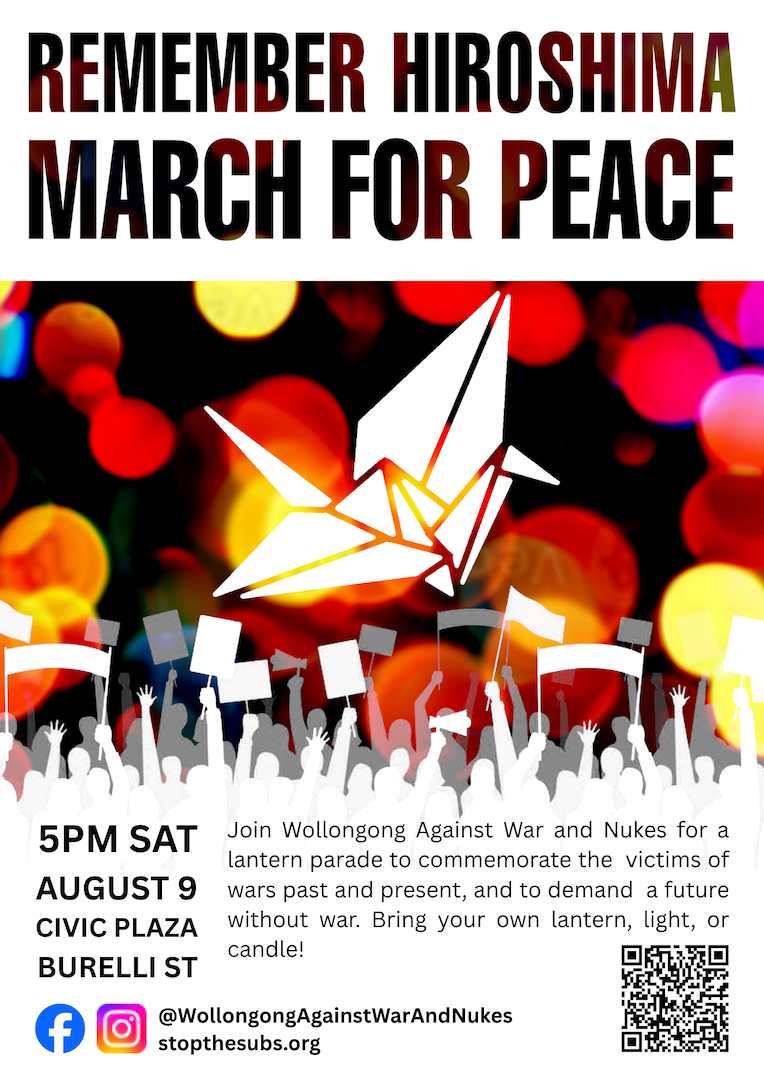 Flier promoting an event with "Remember Hiroshima: March for Peace" across the top, an image of a paper crane against a background of lights, and details of the demontration reading: "5pm Sat August 9 Civic Plaza, Burelli St"