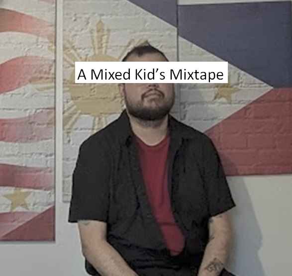 A selfie of Mikkel wearing a red undershift and black short sleeve collered outershift. They are in front of an American Flag transforming into the Phillipines flag.