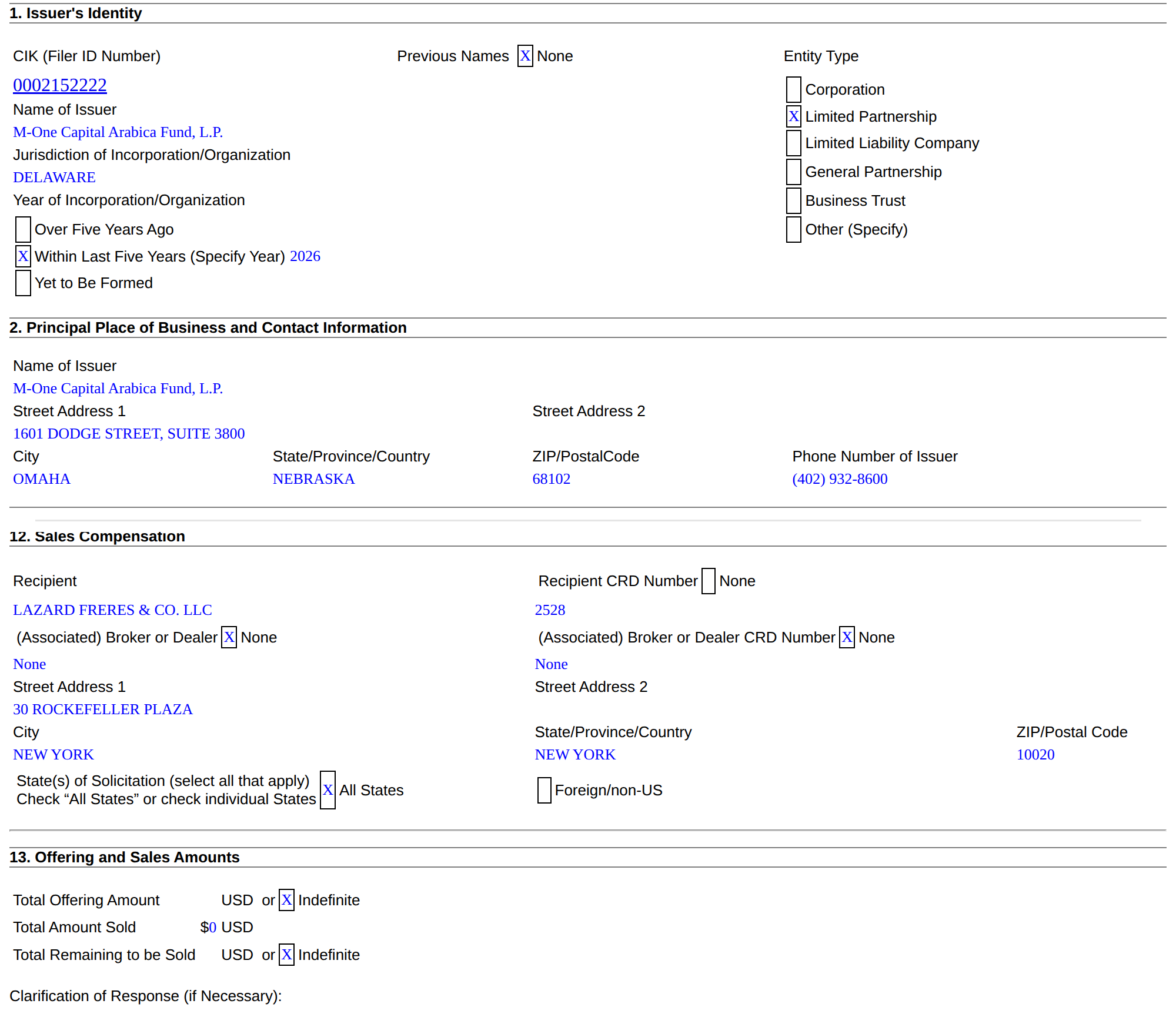 Form D of M-One Capital Arabica Fund, 21 September 2026: 1601 Dodge Street, Omaha, Lazard as placement agent, indefinite size, nothing raised