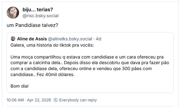 Post de biju… terias? (@risc.bsky.social) citando o post da Aline de Assis: um Pandidíase talvez?