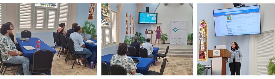 Pictures of the workshop in progress in the UA Chapel, with participants seated at tables and Esther and Leonie standin in front of their slides on the podium.