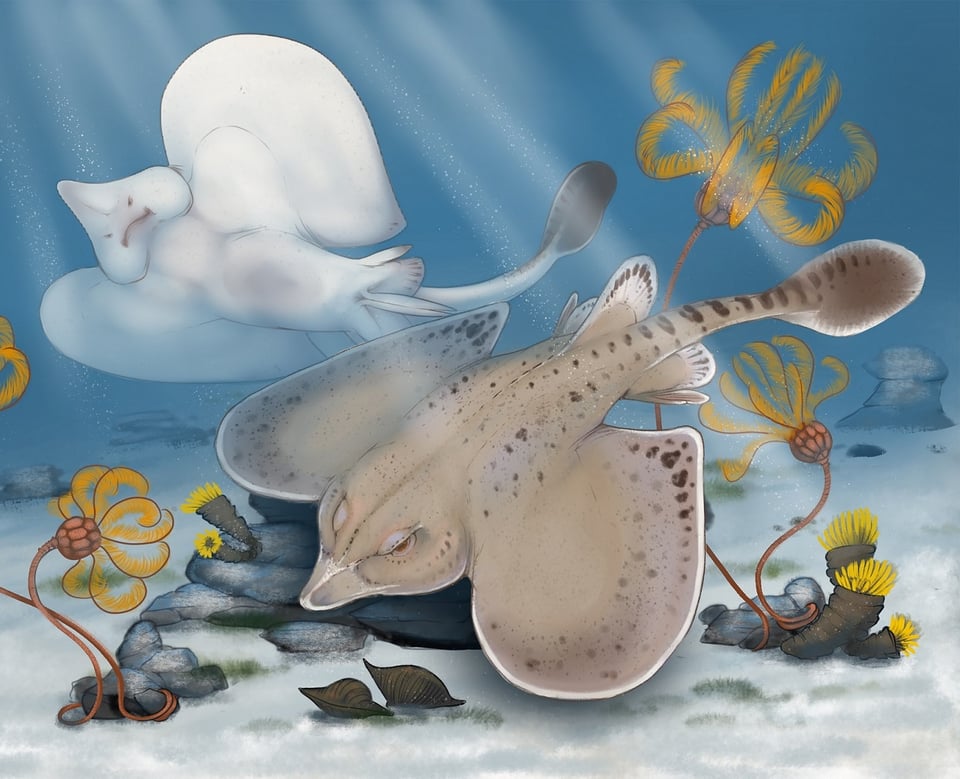 An artist's rendering of the shark, which looks kind of like a skate or a ray.