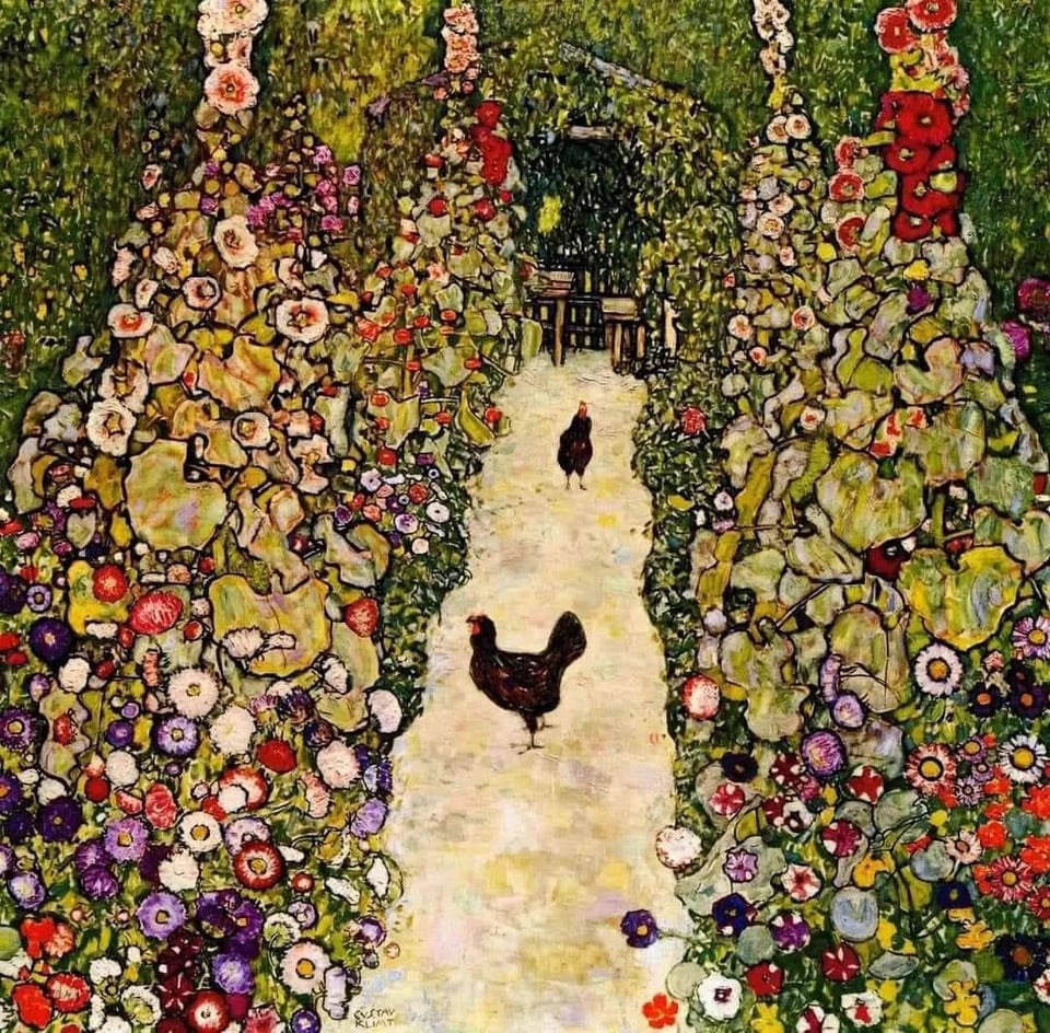 a colorful painting of Flowers and Chickens