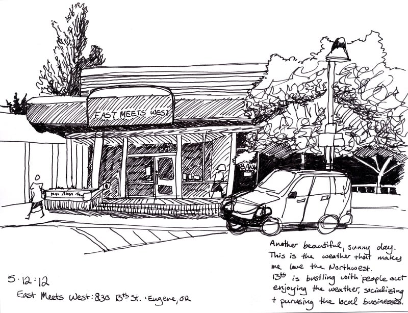 a sketch of a car in front of a store
