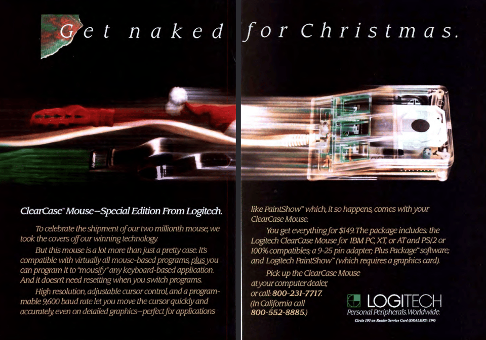 A computer mouse from the 1980s with a transparent casing, exposing the circuitboards beneath it.