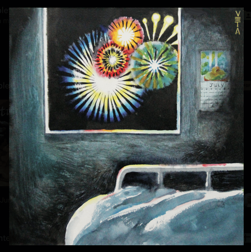Illustration of a hospital bed facing a window with bright multicolored fireworks in the distance and a dark gary/black background. With a faded view of a calendar on the wall to the right of the window that reads “July”.