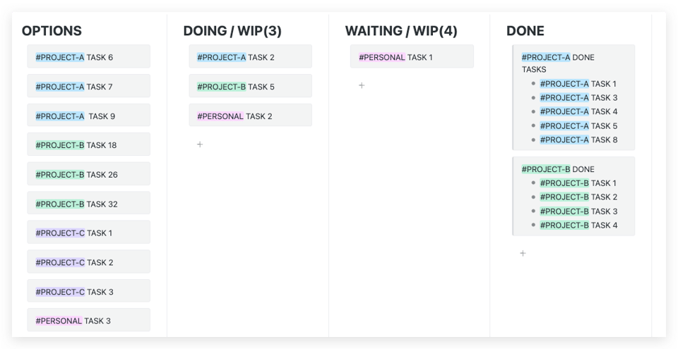 Personal kanban board with four columns: Options, Doing, Waiting and Done.  There are several cards representing various work and personal tasks in each of the columns.
