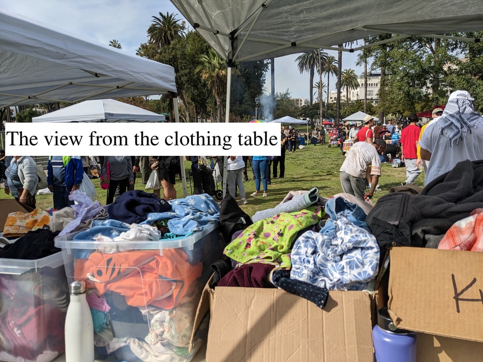 A table piled high with bins of clothing at the Really Really Free Market. On the other side, a line of people waiting to pick out clothes. Beyond that, other tents and booths in Echo Park, and people perusing them.