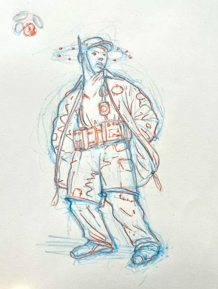 A figure stands with a patched coat and various gizmos strapped to their body. Underdrawn lines convey movement and life.