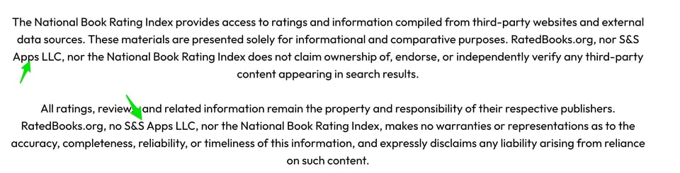 Image from RatedBooks email with note about S&S Apps, LLC