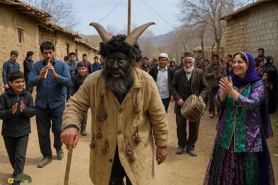 A man, wearing goat horns, his face blackened, his coat adorned with bells, leads a procession in rural Iran. He is accompanied by musicians and other followers