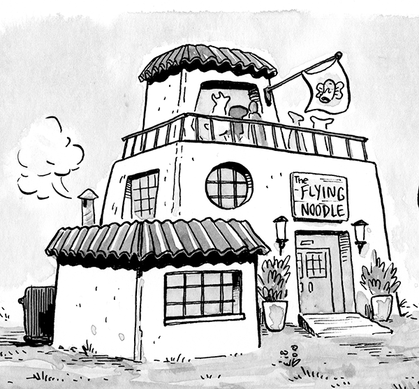 An oddly-shaped building with a sign that reads "The Flying Noodle"