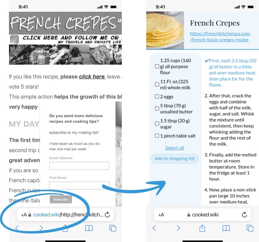 Screen capture showing the difference between a wordy, ad-filled version of a recipe post and the streamlined version after running through cooked.wiki