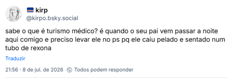 Post de 🇨🇻 kirp (‪@kirpo.bsky.social‬) :
sabe o que é turismo médico? é quando o seu pai vem passar a noite aqui comigo e preciso levar ele no ps pq ele caiu pelado e sentado num tubo de rexona