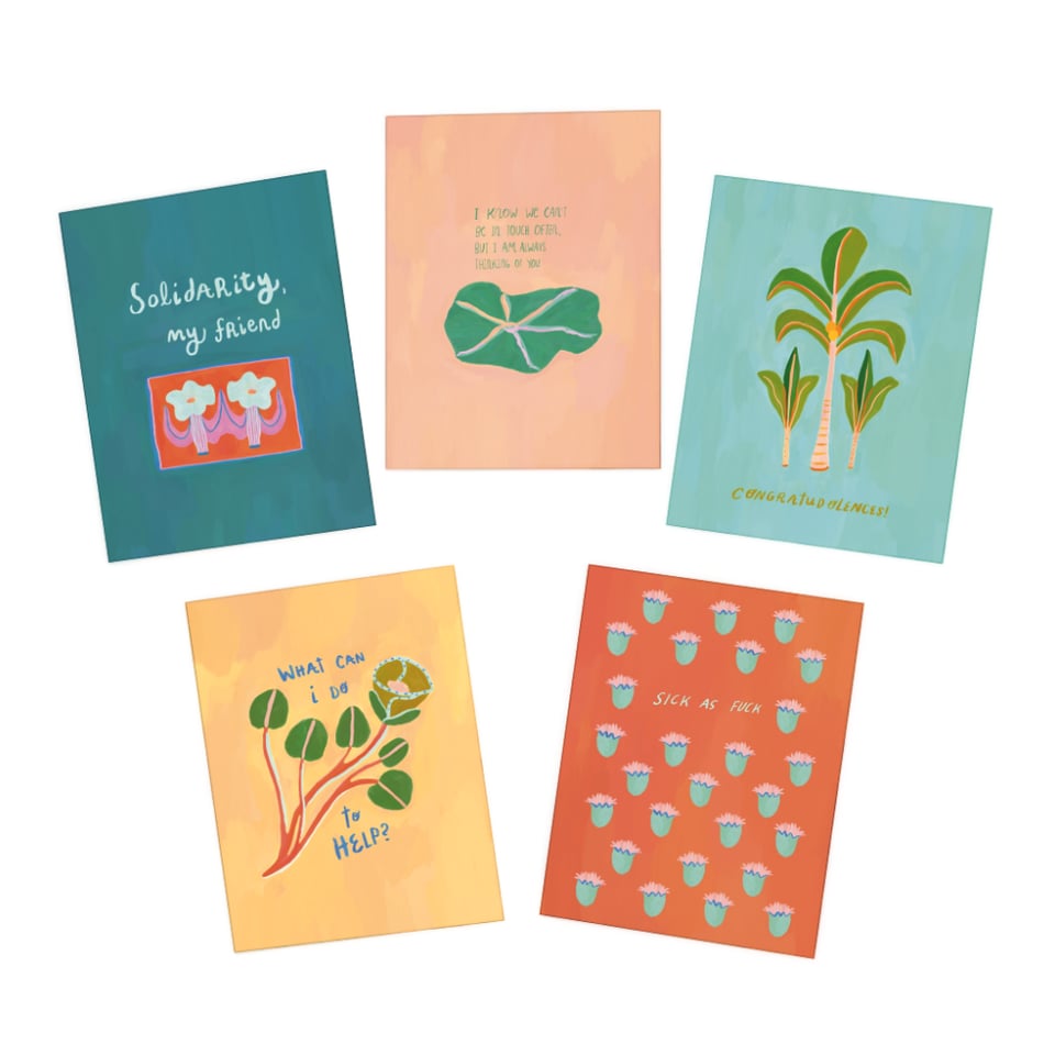 Covers of 5 colorful greeting cards on a white background