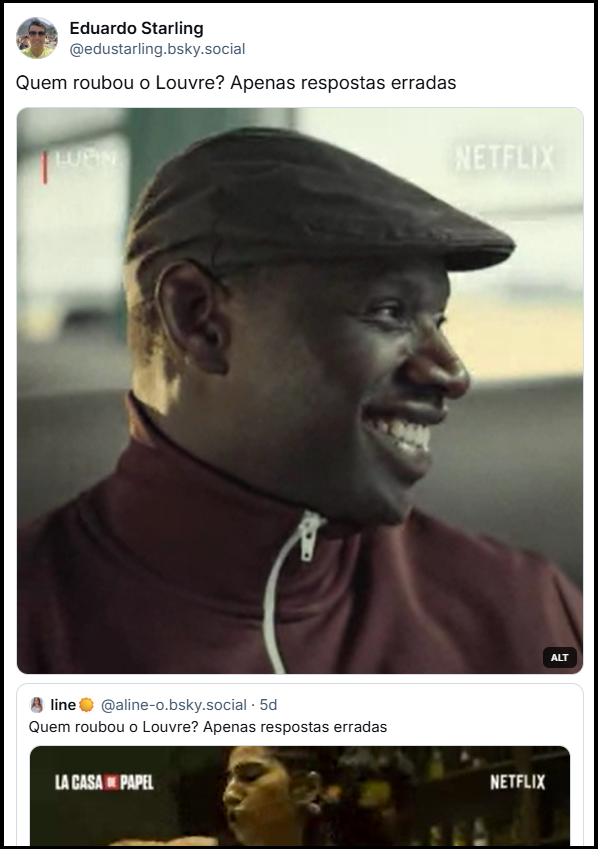 Post de Eduardo Starling (@edustarling.bsky.social) com o texto: “Quem roubou o Louvre? Apenas respostas erradas” e um gif do ator que interpreta o personagem Lupin