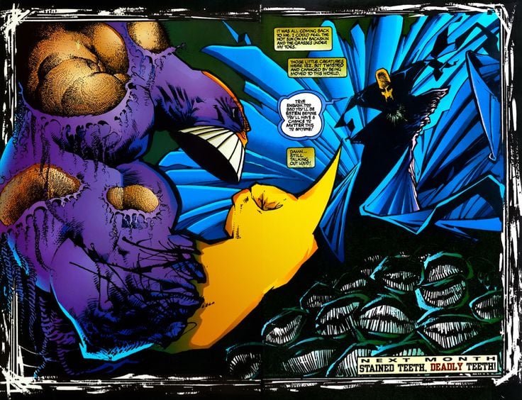 A two-page spread from The Maxx #1. On the left, the Maxx, a muscular man in a purple costume with yellow claws and weird big teeth stands at the ready. His costume is shredded. On the right, Mr. Gone -- an evil sorcerer/serial rapist and murderer wearing a black cape stands over a a group of Isz, strange little black creatures that are all teeth.
Captions on the page represent Maxx's inner monologue.
They read:
"It was all coming back to me. I could feel the hot sun on my backskin and the grasses under my toes."
"Those little creatures were isz. But twisted and changed by being moved to this world."
Then, a speech balloon from Mr. Gone: "True enough. Too bad you'll be eaten before you'll have a chance to mutter this to anyone!"
The next caption reads: "Damn ... still talking about loud!"
In the bottom right, another caption lets the reader know that next month, it's STAINED TEETH, DEADLY TEETH.