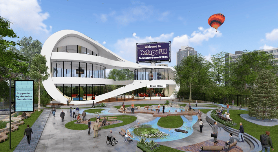 Refuge's Tech Safety Summit virtual environment, depicting a modern building, an outdoor garden area, and a sign which reads 'Welcome to Refuge UK Tech Safety Summit 2025'