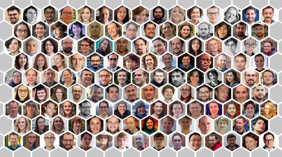 A full screen made of hexagonal panels with small pictures featuring all SSI fellows