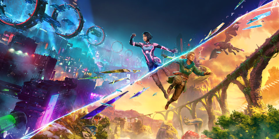 Promotional image for Split Fiction show the merging of sci-fi and fantasy worlds.