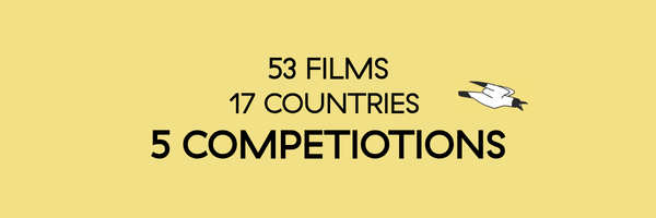 53 films from 17 countries across 5 BLON competition programmes, on a yellow background with an illustrated seagull.