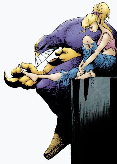 A comic book illustration of a young woman wearing a ratty tank top and torn up jeans sitting next to a big purple superhero looking dude with huge teeth and a yellow claw. He's clipping her toenails.