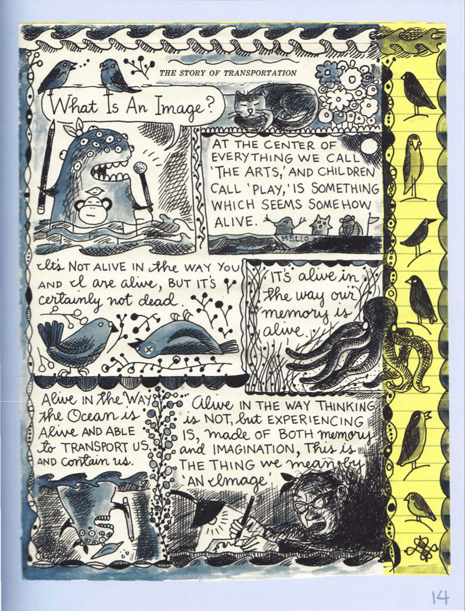 Page 14 of Lynda Barry: What it is. It's an illustrated page talking about how arts and play is somehow alive, like a memory or imagination.
