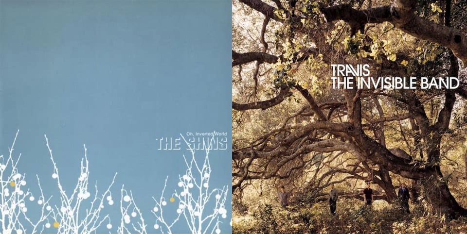 First pic: On a slate blue background, from the bottom are a series of branches in white silhouette. There are bulbs, mostly white but some gold, hanging from the branches. Second pic: A color photograph of three trees, each with a mulititude of branches and branches branching off branches that the image is just a series of twisting, jagged brown tubes. The spaces between all the branches are filled with leaves. There's a tiny bit of sky visible in the upper left, but otherwise it's all branches and leaves. At the bottom of the image, near the trunks of the trees, are the band members, very small and easy to miss.