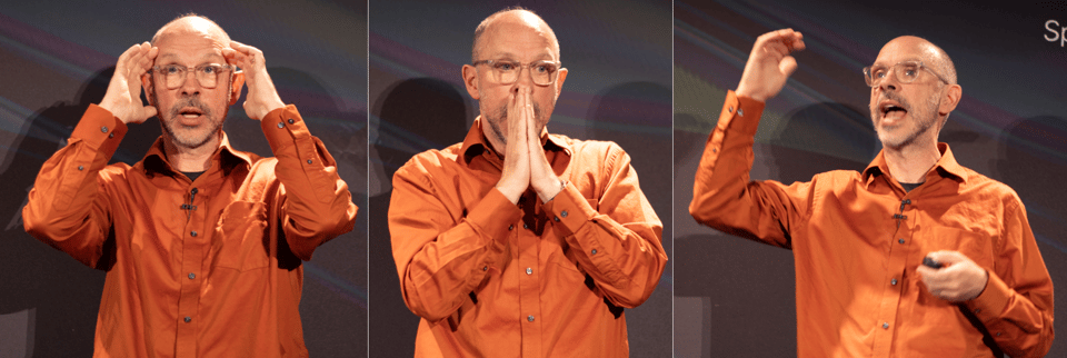 A collection of three photos of Peter Merholz on stage.