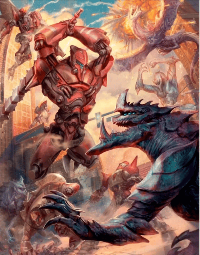 The cover art for Mechageddon! A mech swings its sword onto a kaiju in the midst of an urban battle.