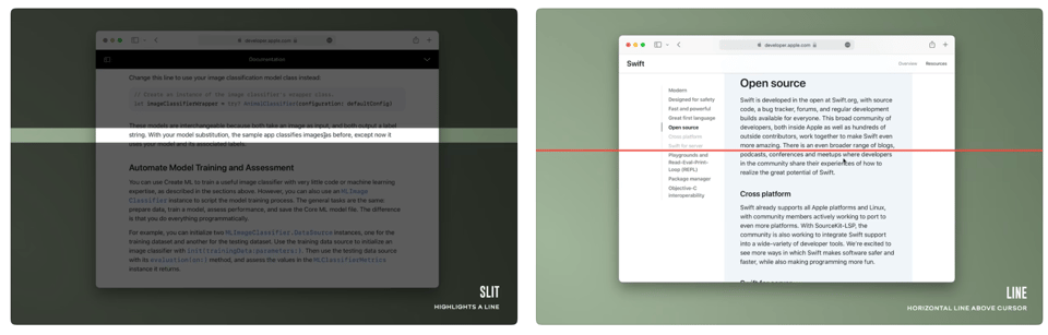 Two distinct browser windows are displayed on a dark green background, each showcasing a different webpage and a red line effect. On the left, a browser window shows a webpage with the title "Automate Model Training and Assessment." A horizontal white highlight bar spans across a line of text that reads, "string. With your model substitution, the sample app classifies messages before, except now it". Below the browser, the word "SLIT" is written in white, followed by "HIGHLIGHTS A LINE". On the right, a browser window displays a webpage titled "Swift" with the headline "Open source." A horizontal red line cuts across the middle of the page, below the text "In the community shares their experiences of how to realize the great potential of Swift." Below this browser, the word "LINE" is written in white, followed by "HORIZONTAL LINE ABOVE CURSOR".