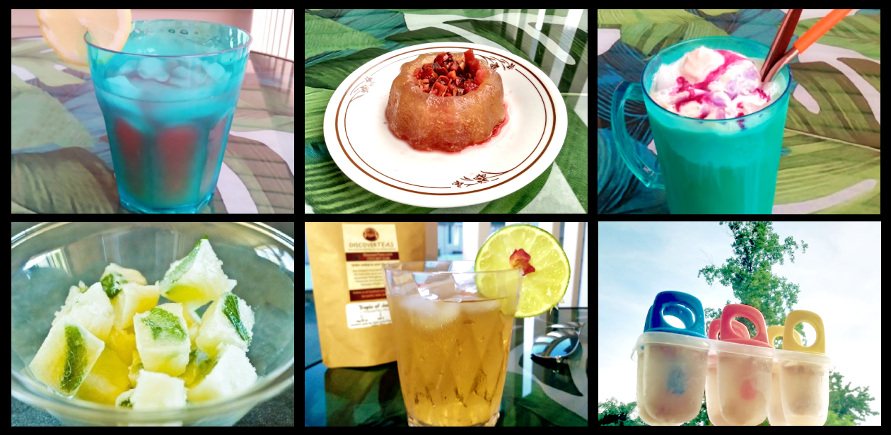 iced mocktail with tea, tea jelly on plate, milkshake with tea syrup and tea semifreddo, tea ice cubes with mint leaves, iced tea, DIY tea popsicles