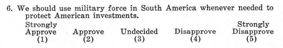 6/ We should use military force in South America whenever needed to protect American Investments.
Strongly Approve (1) to Strongly Disapprove (5)