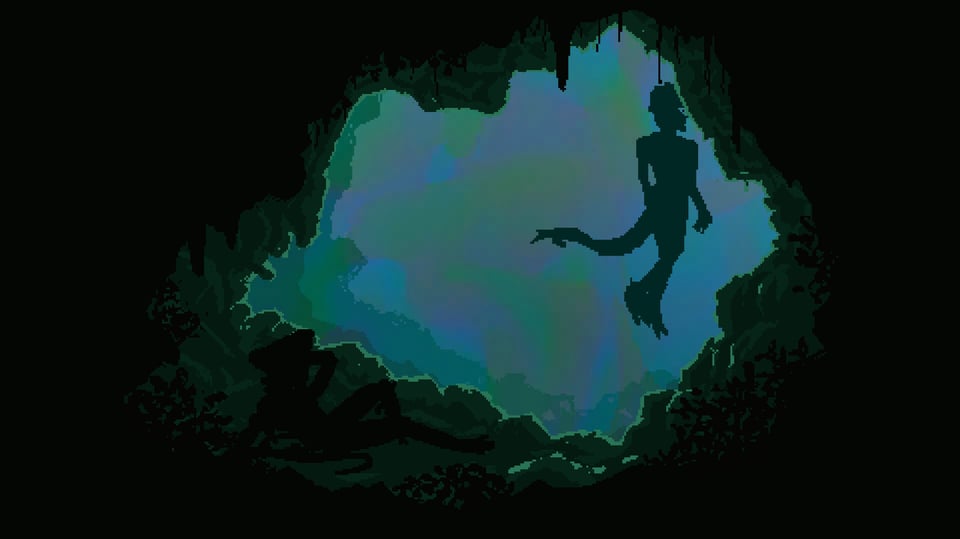 A view of the ocean from within an underwater cave. A mer-person can be seen in silhouette on the center-left.