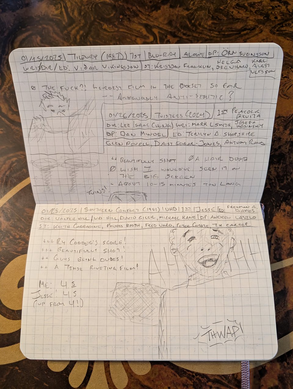 A quad-ruled notebook with handwritten notes/drawings about the movies Tilbury, Twisters, and Southern Comfort.