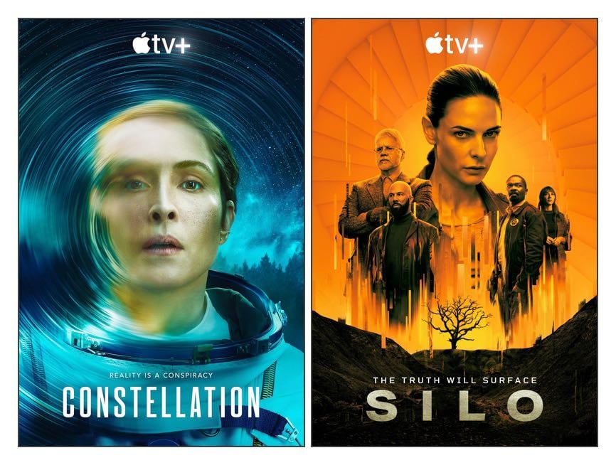 Posters for the TV series Constellation and Silo. Image for Constellation is a woman in a spacesuit with swirls around her head; image for Silo is a group of people above a blasted landscape.
