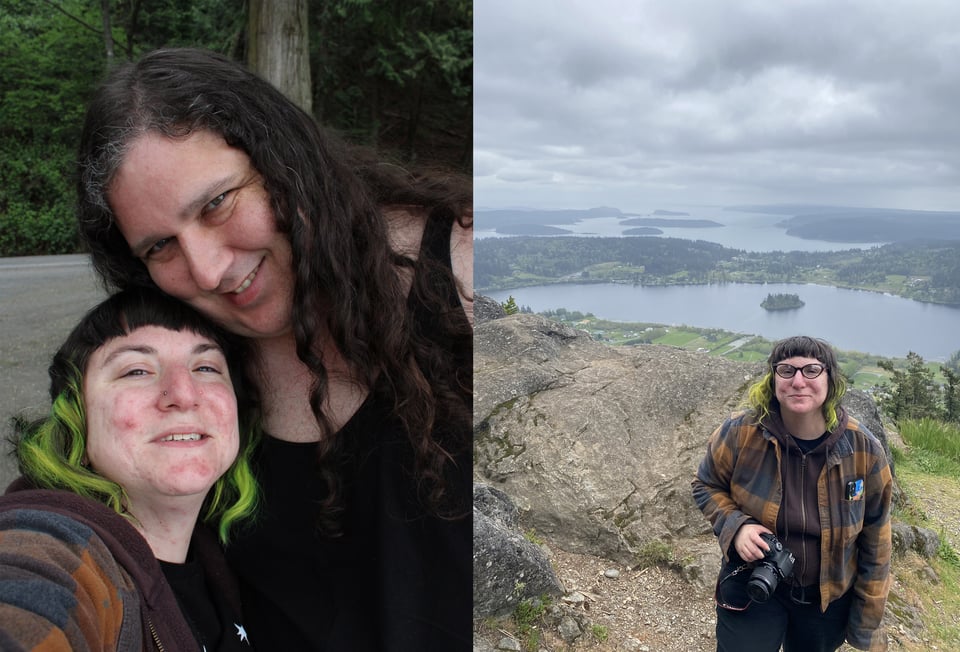 kyle and i: taking photos together with great difficulty due to height difference since 2013 + pic kyle took of me in front of the view from mt erie.