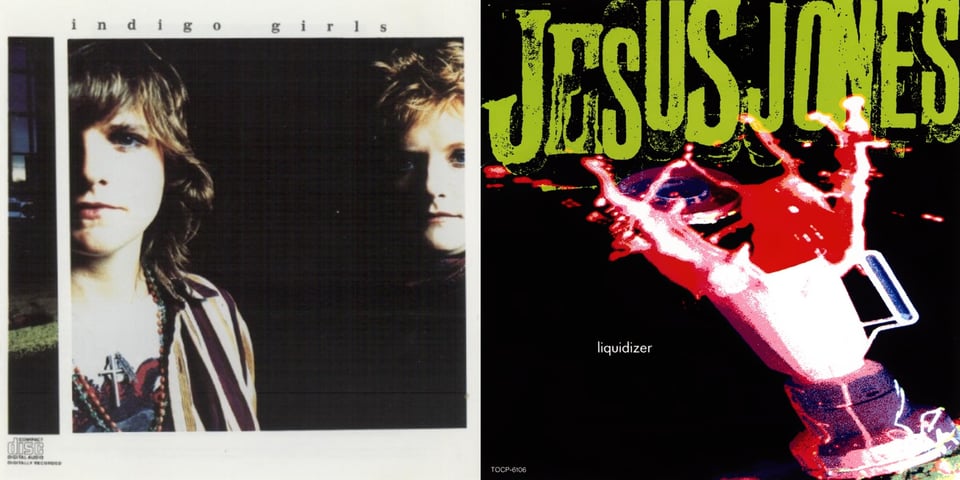 First pic: A color photgraph of two white women, Indigo Girls, Amy Ray on the left and Emily Saliers on the right. Ray has shoulder length brown hair and is wearing a crucifix; half her face is cropped out of the shot. Saliers has short blond hair, is lit from the right side, and but otherwise is in darkness. Second pic: A blender, tilted to the left, spilling out large amounts of a pink liquid, on a black background. The top of the blender pitcher is flying off.