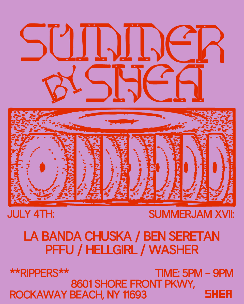 SUMMER BY SHEA: a flyer announcing a July 4th gig at Rippers, 5pm - 9pm, bright red text on a pink background