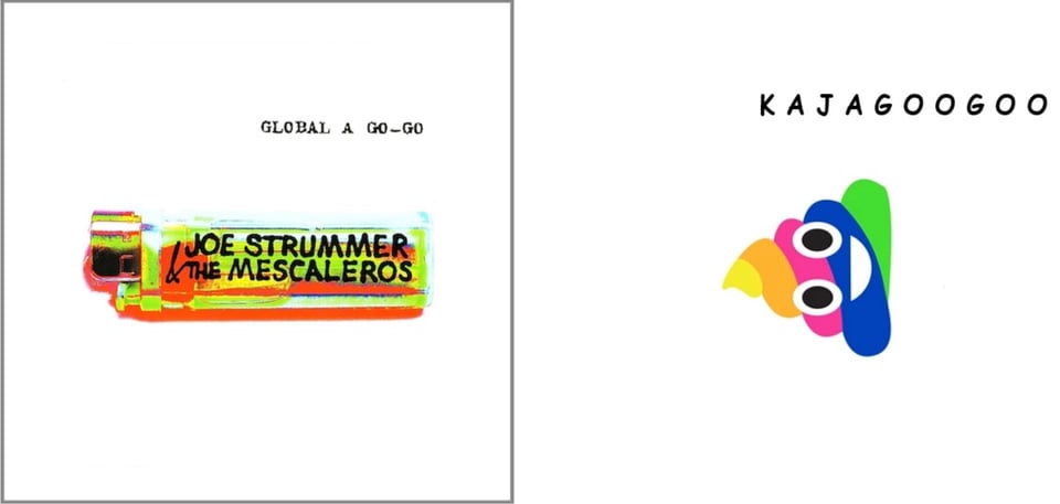 A photo of a (what I think is) a cigarette lighter, on a white background. The image has been digitall edited to color the cigarette lighter in bright, almost neon, green and red. "Joe Strummer & the Mescaleros" is scrawled in black on the lighter.