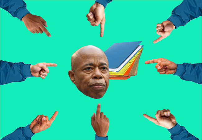 A bunch of hands pointing at a cutout of Mayor Eric Adams' head, superimposed on a bunch of files.